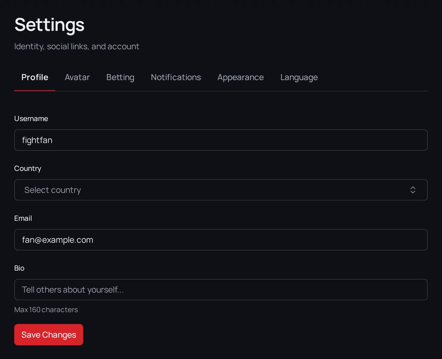 The Settings page with its three tabs and the Profile form open.
