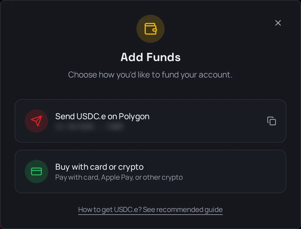 The Add Funds window with two choices: send USDC on Polygon, or buy with a card or crypto.