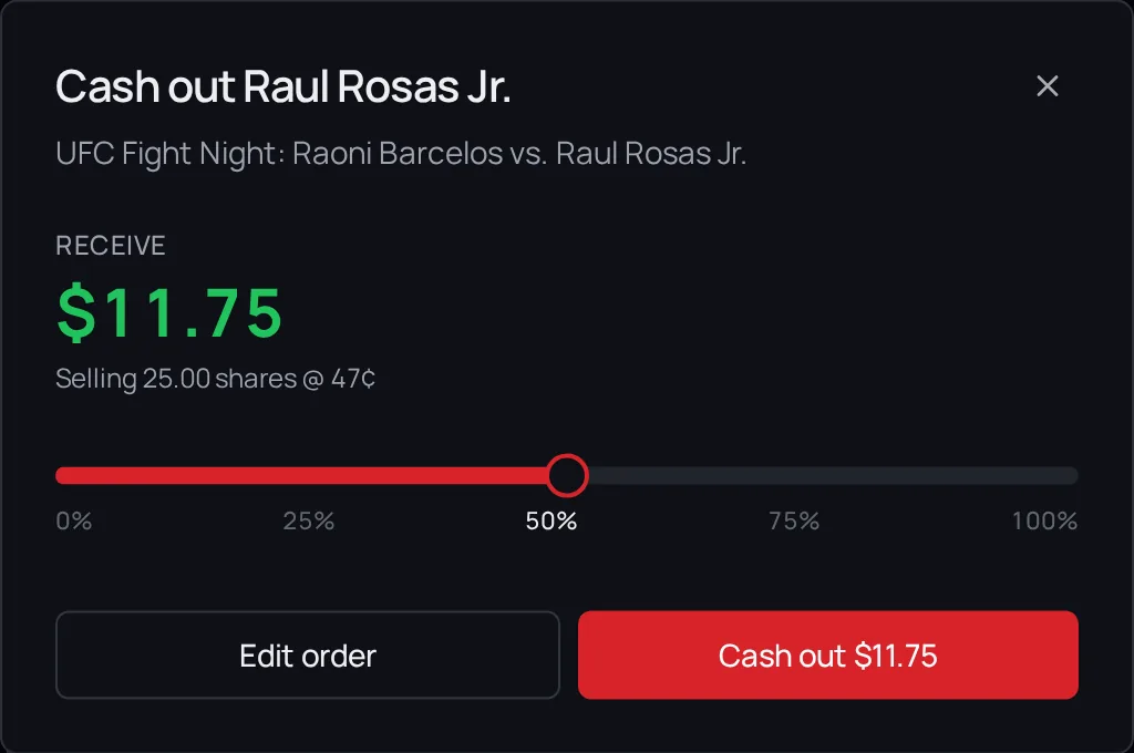 The Cash out window with the slider at 50% and the Receive amount.