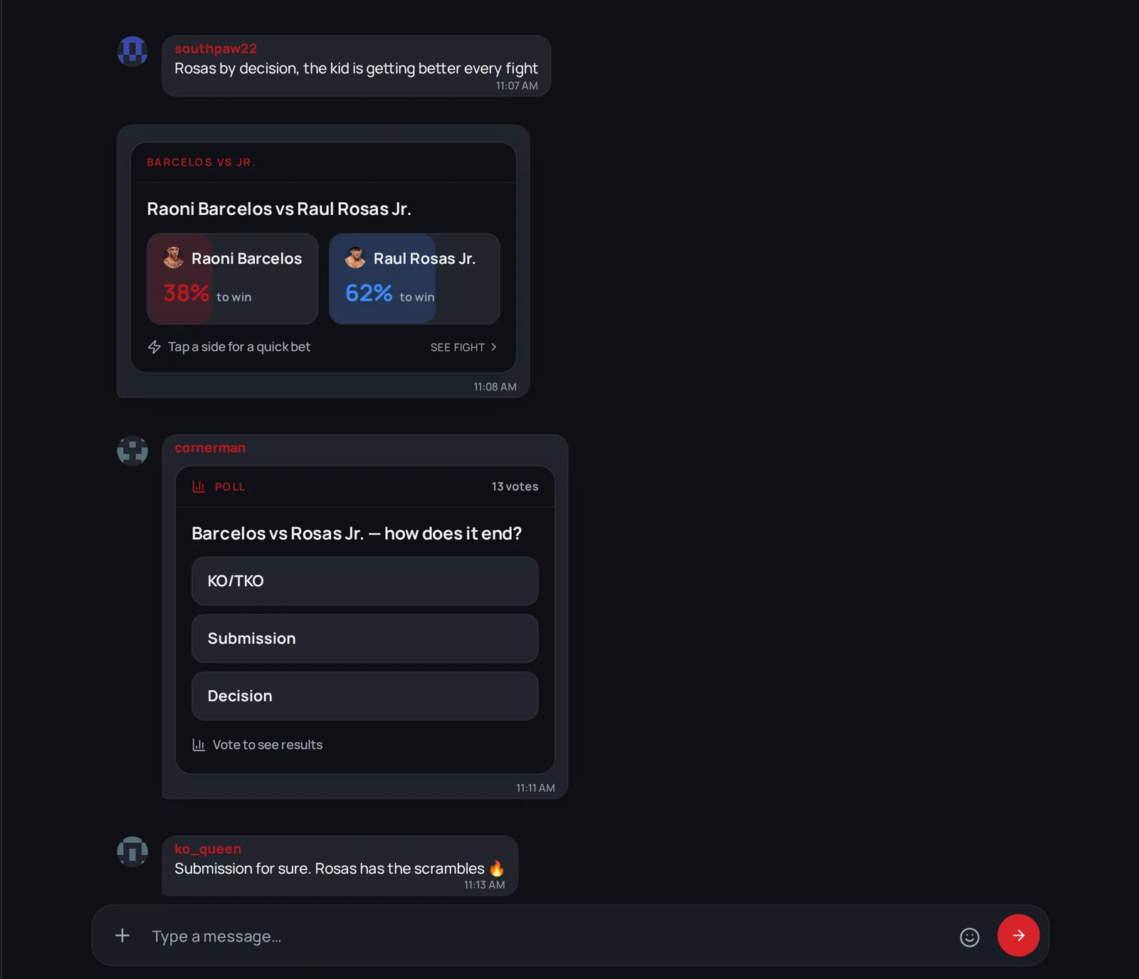 The chat feed with a message, a shared fight card with percentage buttons, a poll, and the message box.