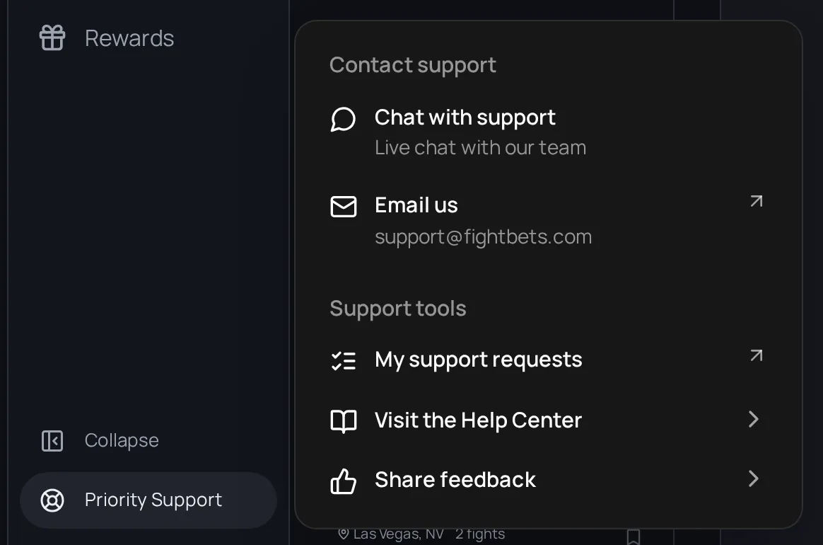 The Priority Support menu: Chat with support, Email us and Share feedback.