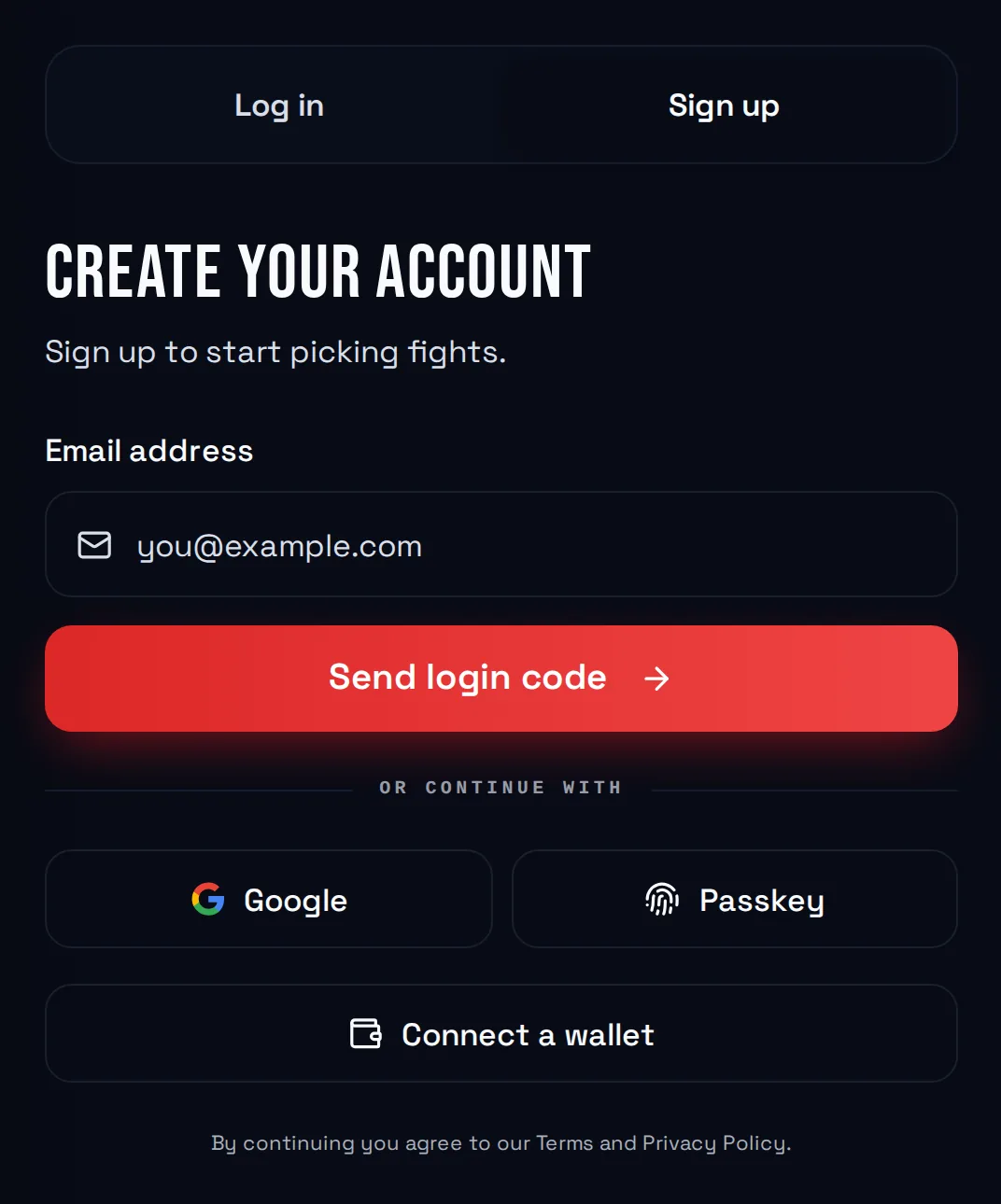 The sign-up form: email, Send login code, Google, Passkey and Connect a wallet.