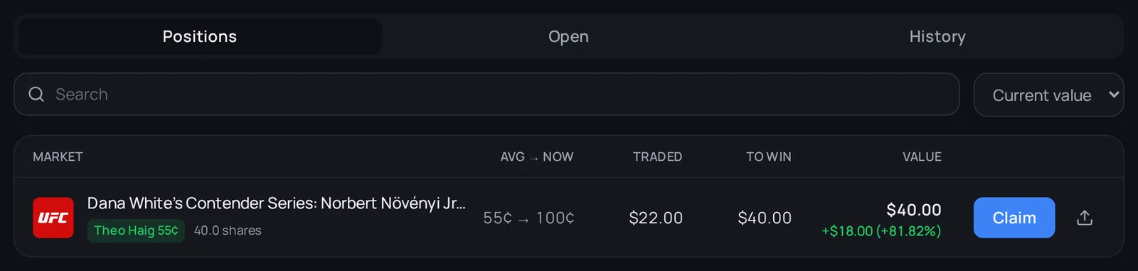 The Positions tab with a settled winning position and its Claim button.