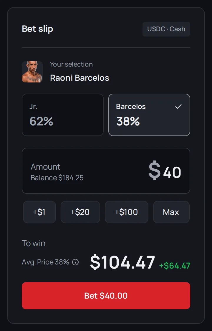The bet slip on a computer with a fighter selected, $40 entered and the To win amount.