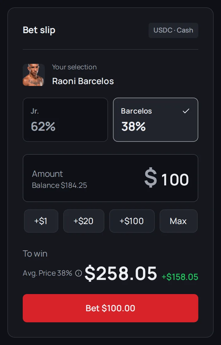 The bet slip with $100 entered, showing the Avg. Price and the To win amount.
