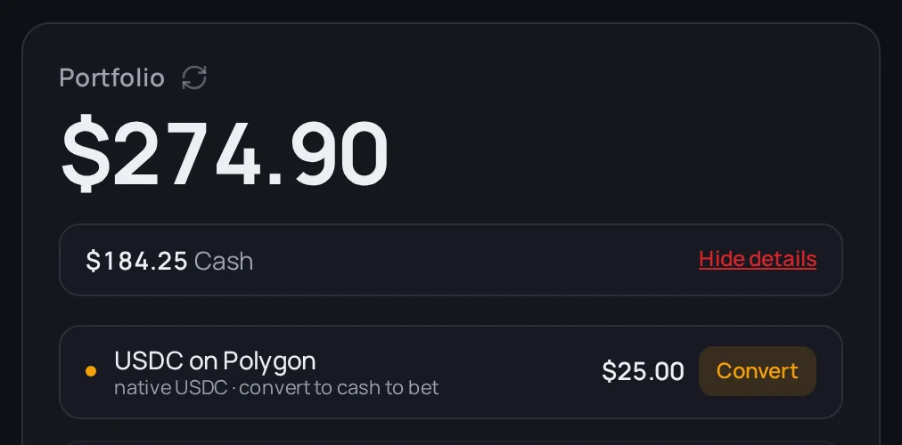 Cash details open, showing a USDC line with a Convert button.