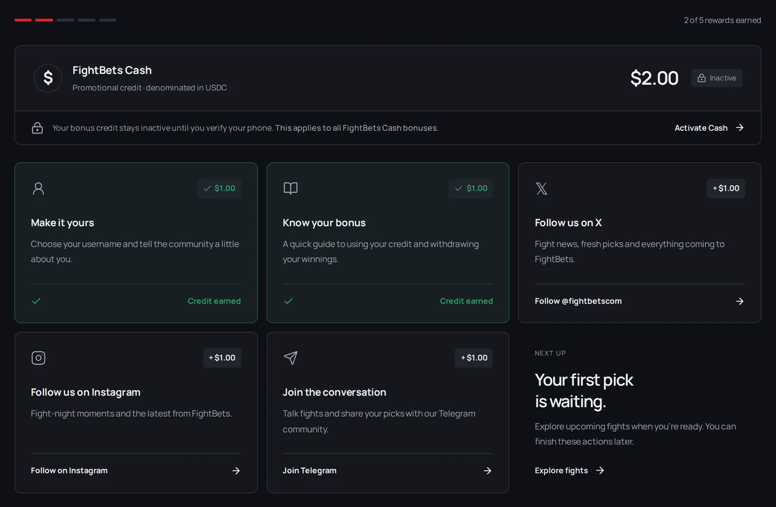 The welcome page with its progress bar, the credit balance and the five reward actions.