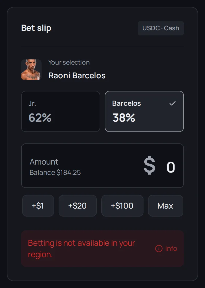 The bet slip showing Betting is not available in your region, with an Info button.