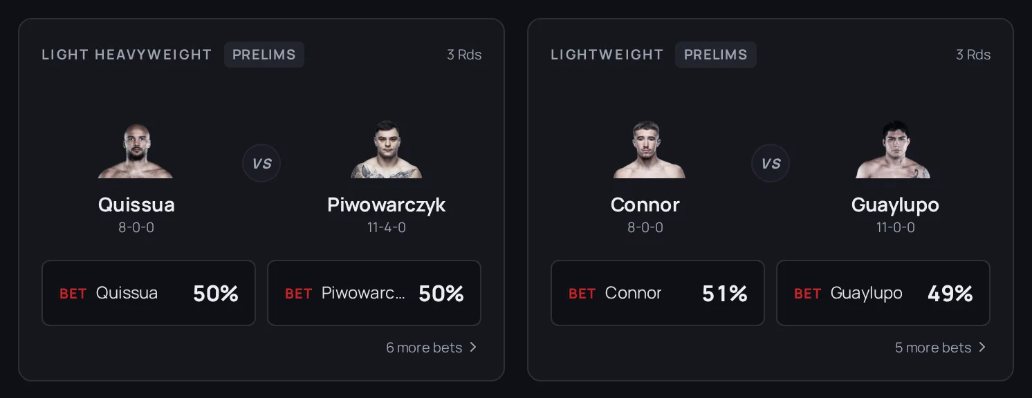 Two fight cards, each showing both fighters and their percentages.