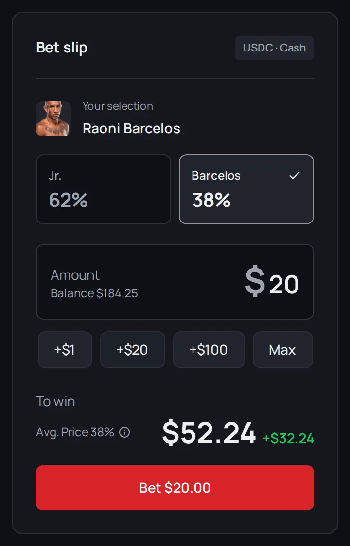 The bet slip with a fighter selected, $20 entered and the To win line.