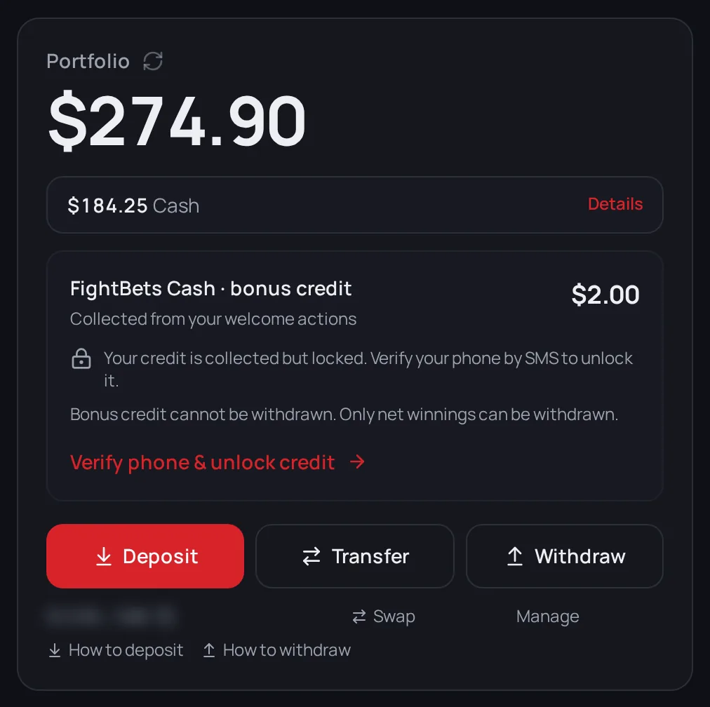 The Portfolio card: total, Cash, the promotional credit box, and the Deposit, Transfer and Withdraw buttons.